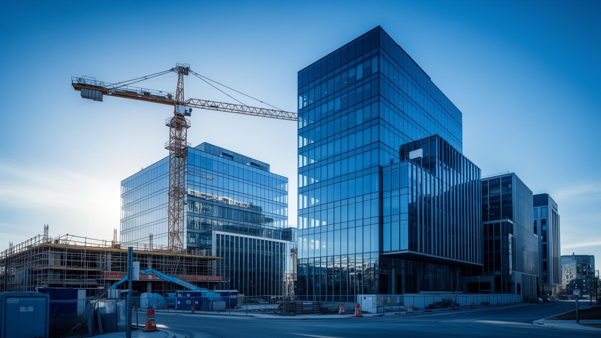 Edifícios corporativos e obra em construção representando a atuação do Grupo G9